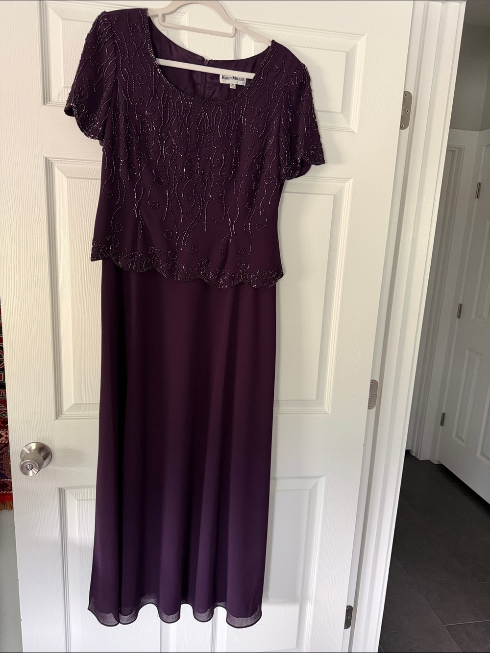 Karen Miller Plum Beaded Short-Sleeve Gown